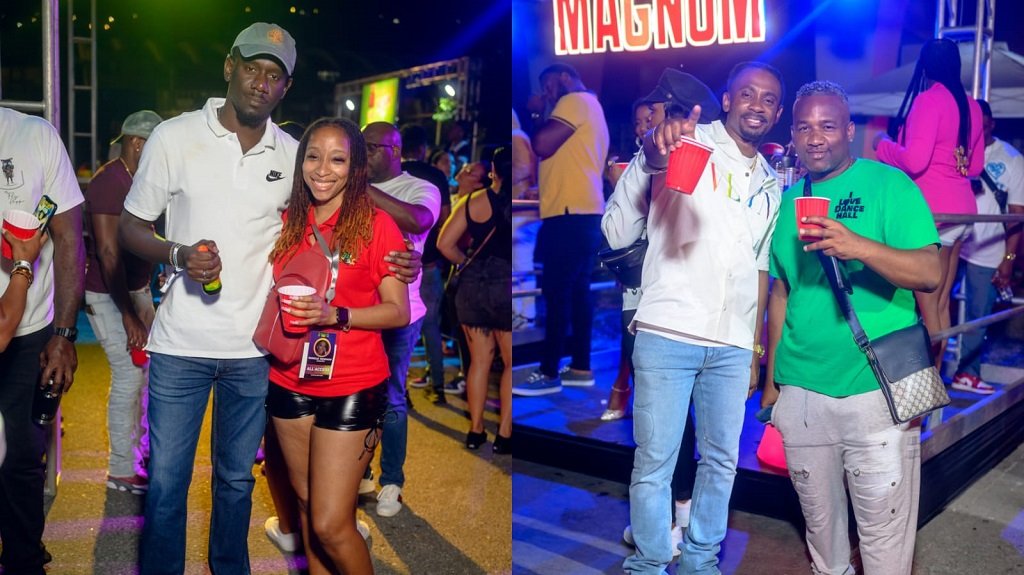 J Wray & Nephew Ltd Event Execution Analyst Tesfaye Brown (left) and Coordinator at Magnum Dancehall Week Roxelle McKenzie toasted to the success of the event. Right: Reggae-dancehall recording artiste Christopher Martin and his friend Kwame Falconer, promoter of I Love Dancehall.