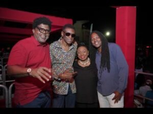 From left: Uptown Mondays founder, Whitfield ‘Witty’ Henry; Stone Love founder, Winston ‘Wee Pow’ Powell; Minister of Culture Olivia Grange and Damian Crawford